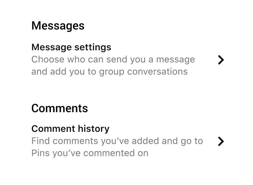 Example of grouped ListAction items. For example, message settings under the heading - Messages.