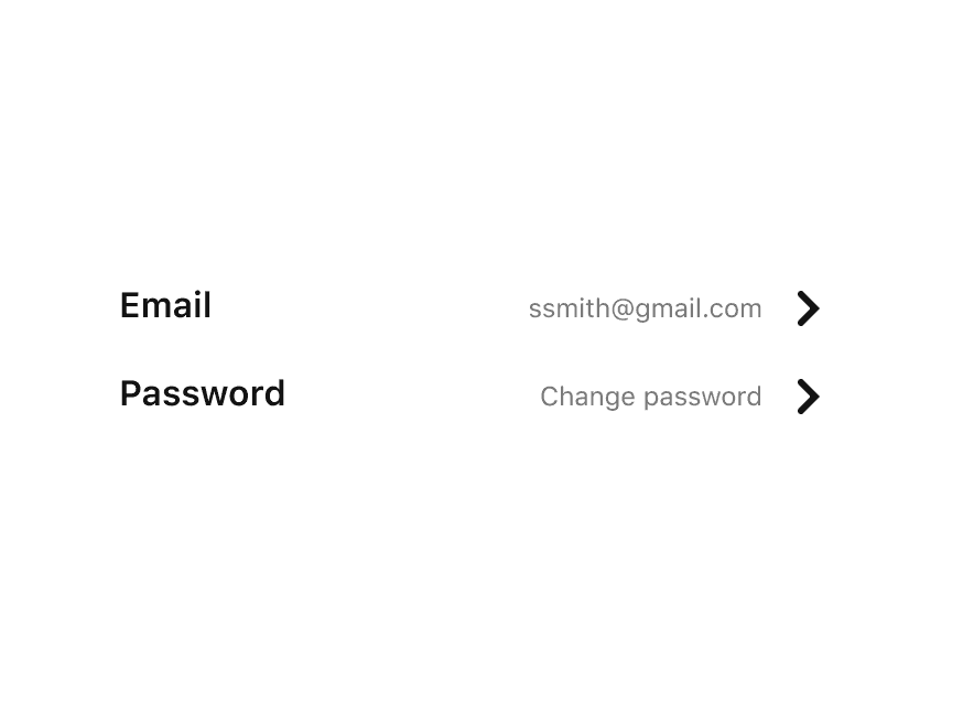 An ListAction with email and password settings links.