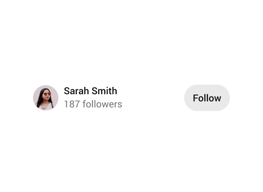 An ListAction item for the user Sarah Smith, inluding her follower count and a follow button.