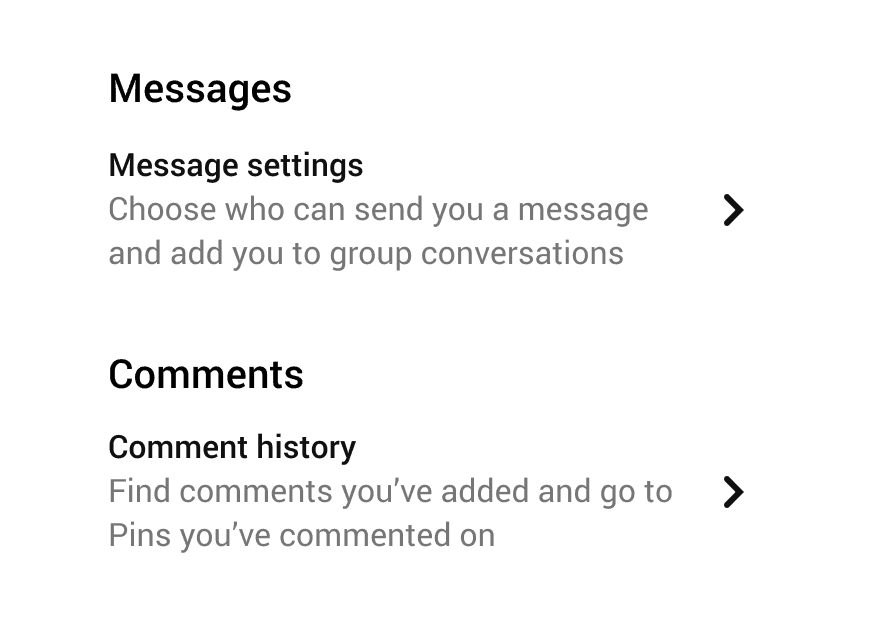 Example of grouped ListAction items. For example, message settings under the heading - Messages.