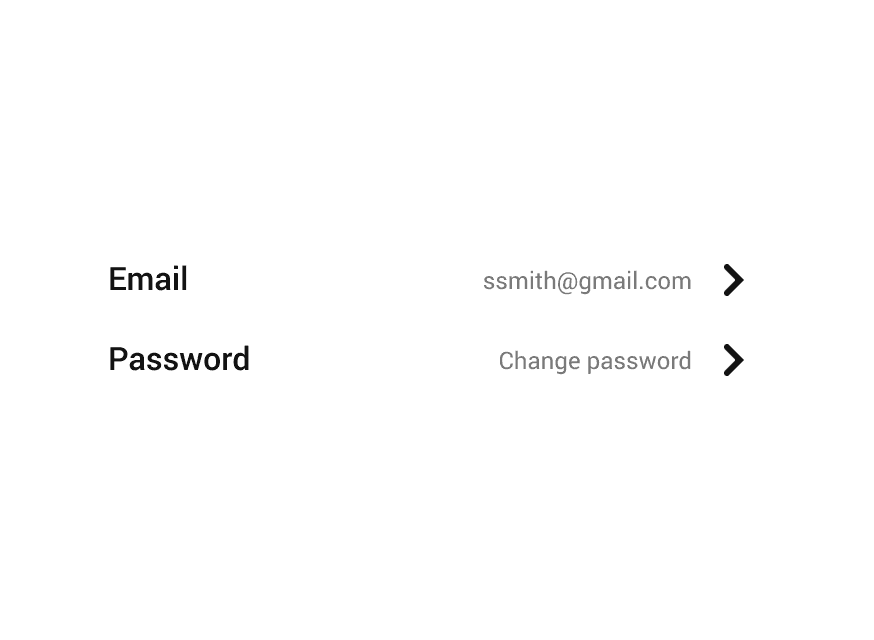 An ListAction with email and password settings links.