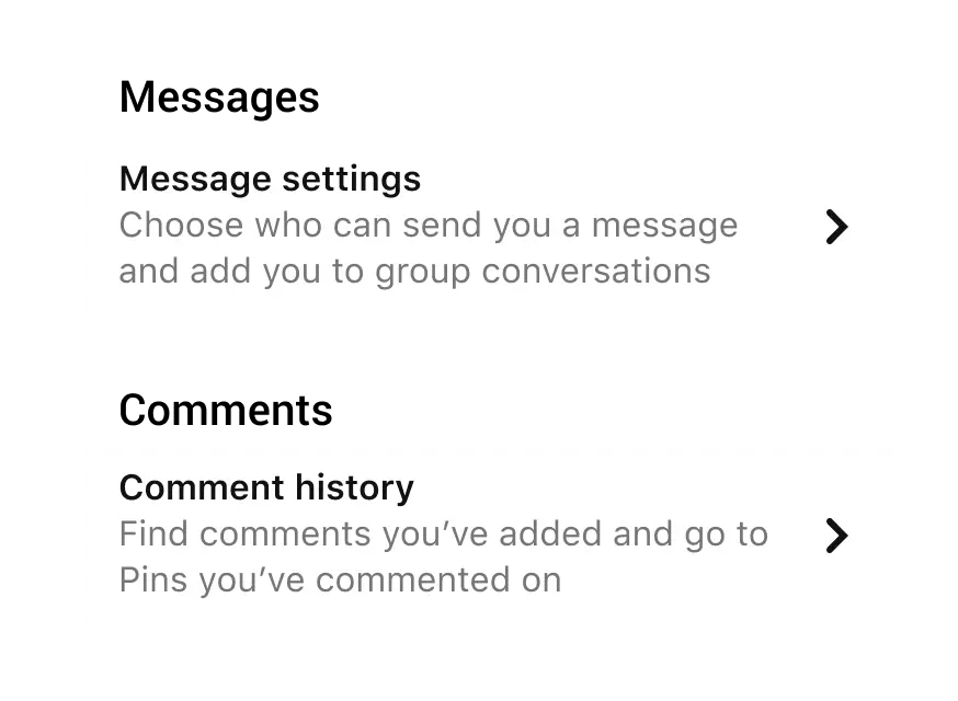 Example of grouped ListAction items. For example, message settings under the heading - Messages.