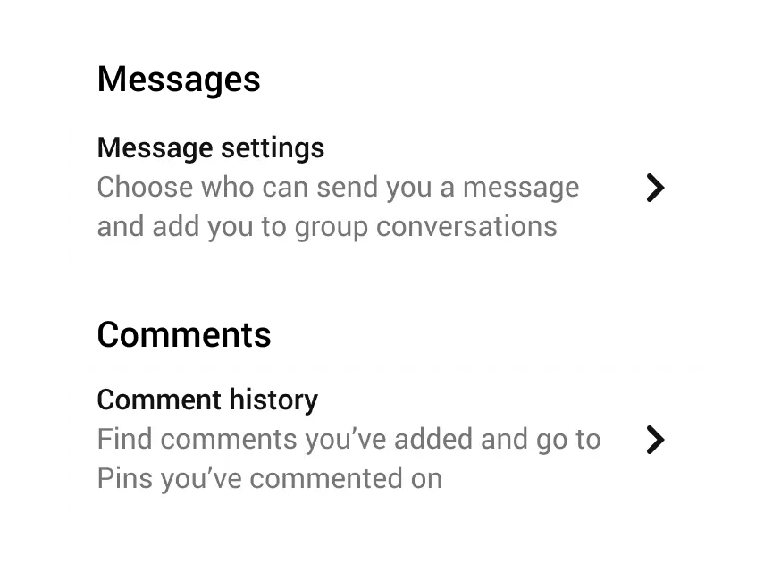 Example of grouped ListAction items. For example, message settings under the heading - Messages.