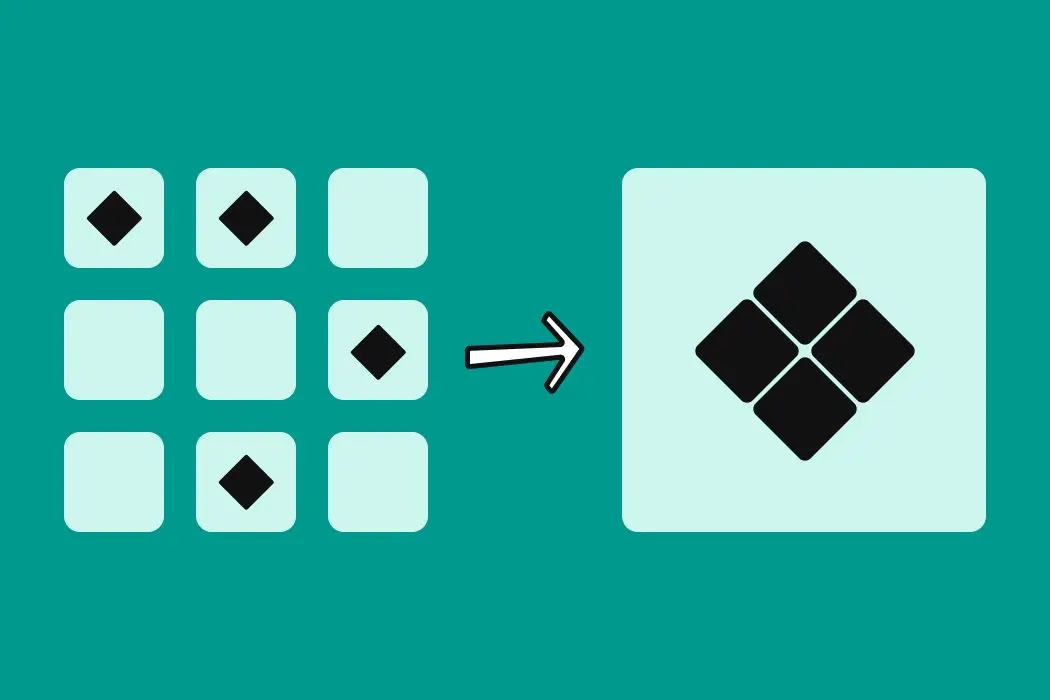 An illustration of various boxes representing Figma layers pointing to an orderly Figma component.