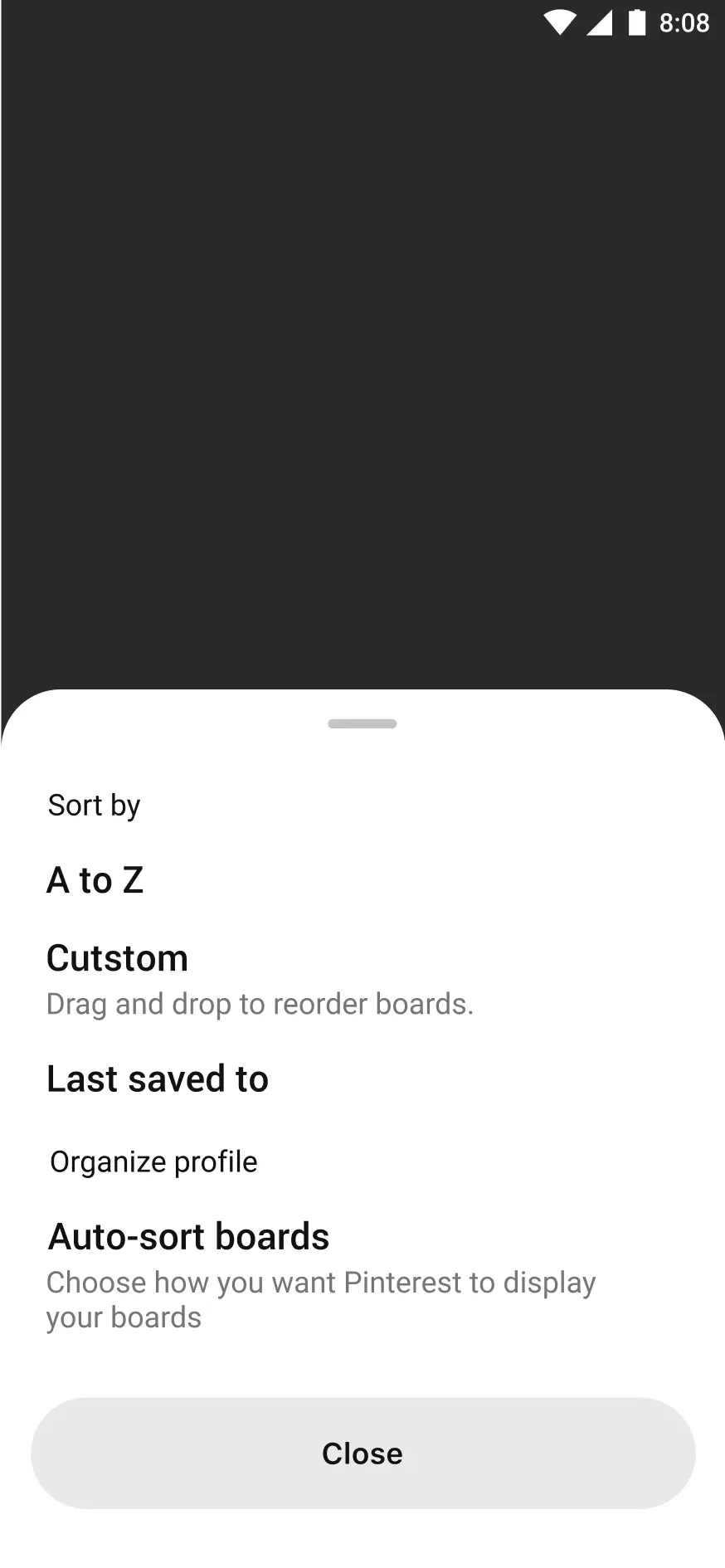 An Action Sheet that allows for sorting and organization